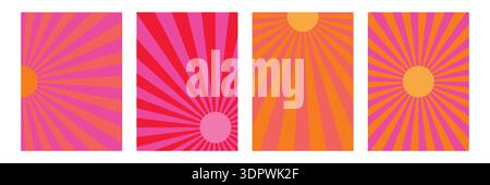 Trendy retro sunburst poster set. 60s, 70s, 80s retro cover collection. Colorful retrowave striped vintage sun Stock Vector