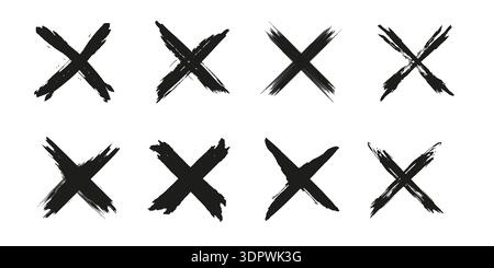 Cross brush strokes set. Grunge hand drawn strokes x sign. Wrong symbol NO Stock Vector