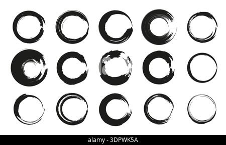 Round brush strokes collection. Grunge circles set with distressed texture Stock Vector