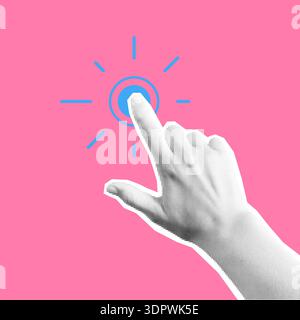 Click halftone hand collage. Pointing hand. Fingers touch, click or tap. Stock Vector