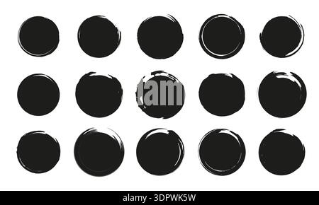 Round brush strokes collection. Grunge circles set with distressed texture Stock Vector