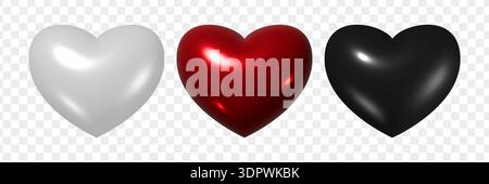 3d heart set. White, black and red love symbol. Realistic Valentine's Day elements collection isolated on transparent background Stock Vector