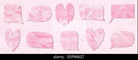 Pale pink vector paper speech bubbles and hearts, crumpled paper romantic text box graphic elements for Valentine's Day and wedding designs Stock Vector