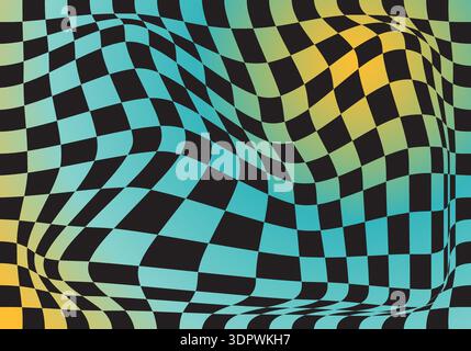 Abstract checkered background with distorted squares. Colorful trippy 1970s Stock Vector