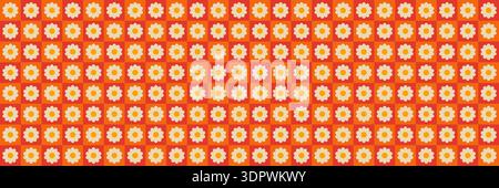 Retro 70s, 80s style Checkerboard and daisy flowers seamless groovy background Stock Vector