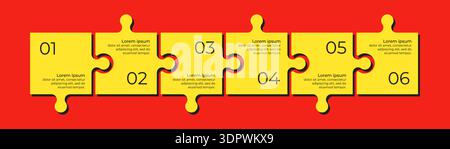 Horizontal chart with 6 connected jigsaw puzzle pieces. Yellow and red trendy infographic design template. Stock Vector