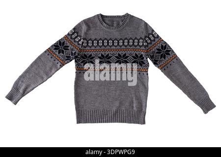Christmas sweater for Ugly sweaters party isolated on white background. Fair Isle Knit gray color snowflakes pattern. Stock Photo