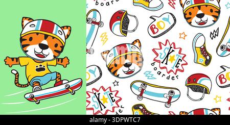 Cartoon tiger skateboarding with seamless skater life graffiti pattern. Stock Vector