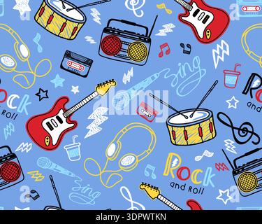 Seamless pattern of rock music instruments and retro media. Stock Vector