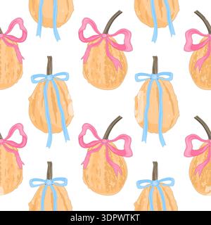 Vector seamless pattern with hand-drawn pumpkins decorated with pink and blue ribbon bows. Gender Party Baby background, Autumn design. Boy or Girl Stock Vector
