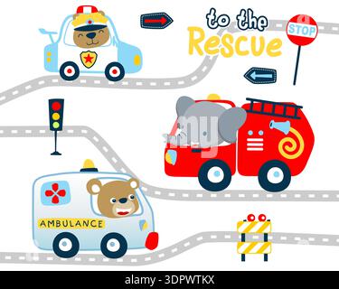 Animals driving various emergency rescue vehicles on the road. Stock Vector