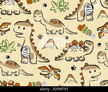 Seamless pattern of hand drawn cartoon dinosaurs and volcanoes. Stock Vector