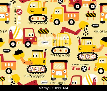 Seamless pattern of yellow cartoon construction trucks and road barriers. Stock Vector