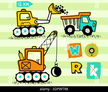 Hand drawn construction vehicles including excavator and wrecking ball crane. Stock Vector