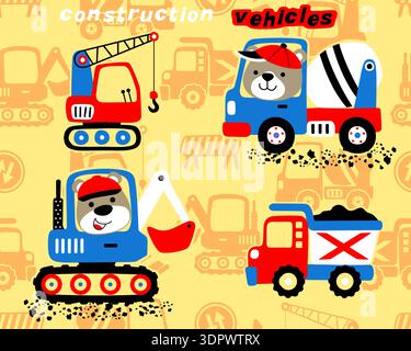 Cartoon bear operating crane cement mixer excavator and dump truck. Stock Vector