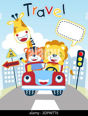 Giraffe, lion, and tiger riding in car through the city. Stock Vector