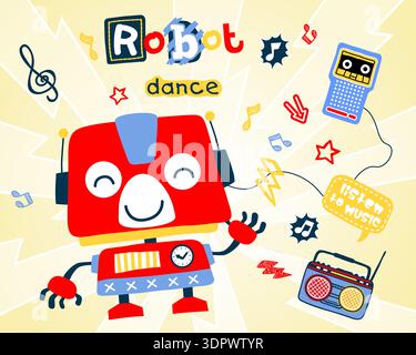 Cute red robot character wearing headphones listening to retro music. Stock Vector