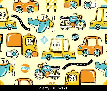 Seamless pattern of colorful cartoon transport vehicles with cute faces. Stock Vector