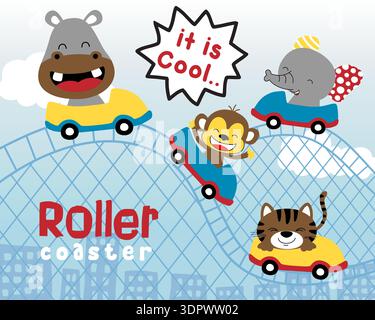 Cartoon animals having fun riding a roller coaster in city. Stock Vector