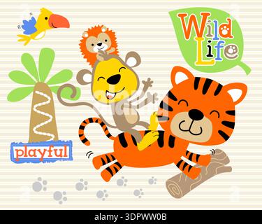 Tiger carrying monkey and hedgehog in a tropical jungle. Stock Vector