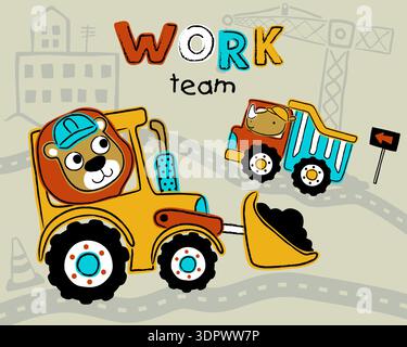 Cartoon lion and rhino operating construction vehicles at a site. Stock Vector