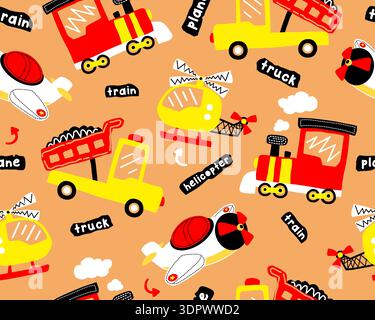 Seamless pattern of colorful cartoon transport vehicles including planes and trucks. Stock Vector