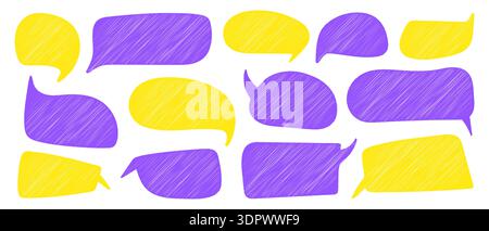 Text boxes of different shapes doodle set, Speech bubbles hand drawn chalk, Colored dialog chat frames Stock Vector