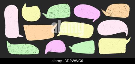 Text boxes of different shapes doodle set, Speech bubbles hand drawn chalk, Colored dialog chat frames Stock Vector