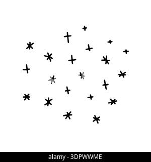 Doodle snowflakes and stars scattered randomly. Hand drawn winter symbols isolated on white background. Minimal festive elements for Christmas design, Stock Vector