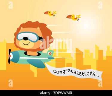 Lion pilot flying airplane over a yellow city skyline. Stock Vector