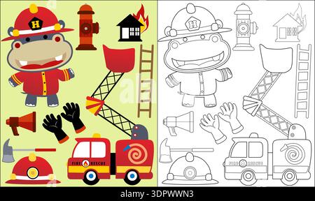 Hippo firefighter with emergency truck and equipment coloring page. Stock Vector