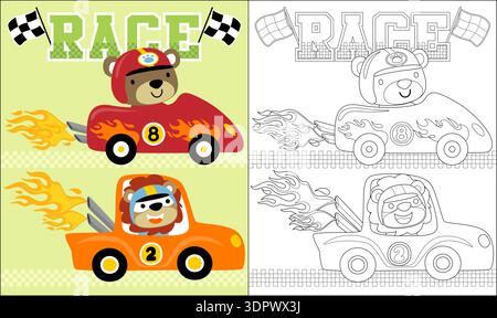 Bear and lion in flaming race cars with coloring page. Stock Vector