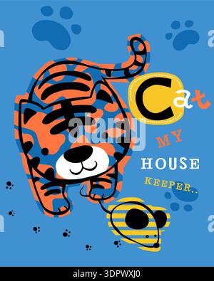 Cute cartoon tiger cub playing with a toy mouse. Stock Vector