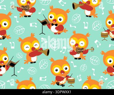 Seamless pattern of orange owls playing different musical instruments. Stock Vector