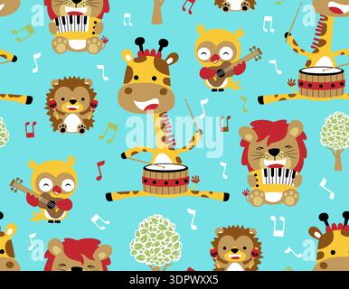 Seamless pattern of cartoon animals playing various musical instruments. Stock Vector