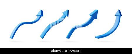 Blue 3d upward arrows with wavy and curved lines showing growth and direction. Dynamic graphic for business presentation, web design. Vector illustrat Stock Vector