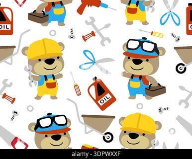 Seamless pattern of bear builders with construction tools and equipment. Stock Vector