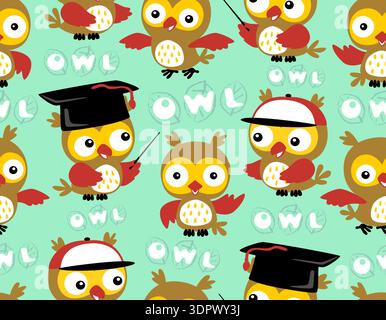 Seamless pattern of cute cartoon owls in various hats. Stock Vector