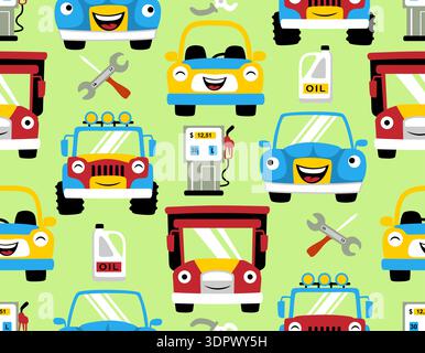 Seamless pattern of smiling cartoon cars and automotive tools. Stock Vector