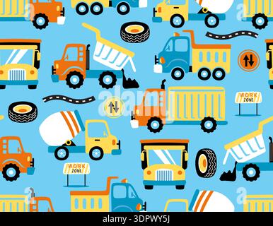 Seamless pattern of various construction trucks and work zone signs. Stock Vector