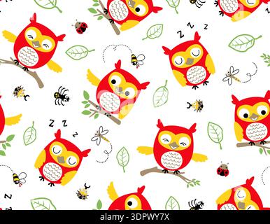 Seamless pattern of owls, leaves, and insects. Stock Vector