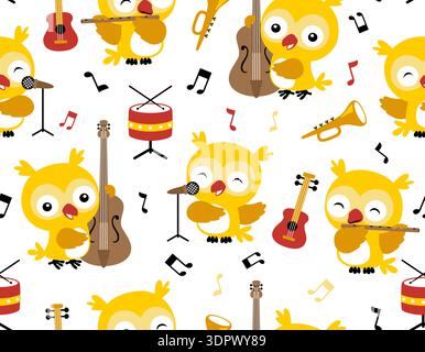 Seamless pattern of cartoon owls playing musical instruments. Stock Vector