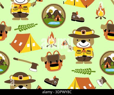 Seamless pattern of scout bear camping with outdoor equipment. Stock Vector