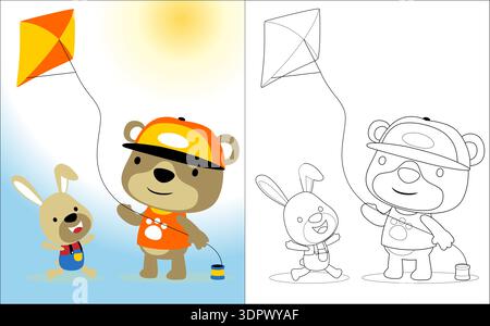 Cartoon bear and rabbit flying a kite in the sun. Stock Vector