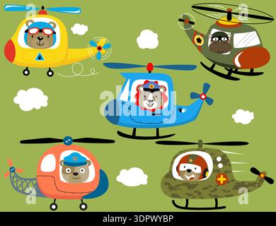 Collection of different animals piloting colorful cartoon helicopters. Stock Vector