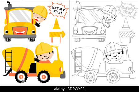 Cartoon construction workers driving a dump truck and cement mixer. Stock Vector