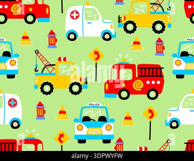 Seamless pattern of cartoon emergency and service vehicles. Stock Vector