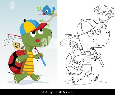 Cartoon turtle wearing a hat going fishing with bird, coloring book or page. Stock Vector