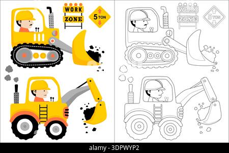 Construction excavator and bulldozer machines with coloring page versions. Stock Vector