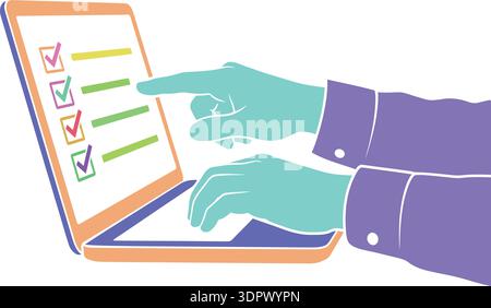 Online survey checklist form on laptop screen with hand selecting check marks business workflow vector illustration Stock Vector